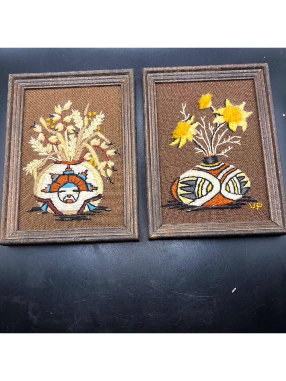 Vintage Framed Crewel Wall Art Pair Southwest Pottery Flowers Earthy Brown 70’s